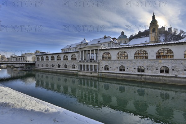 River Ljubljanica, market halls, Ljubljana Cathedral and Castle, Ljubljana Ljubljana, Central Slovenia Upper Carniola, Slovenia, Europe