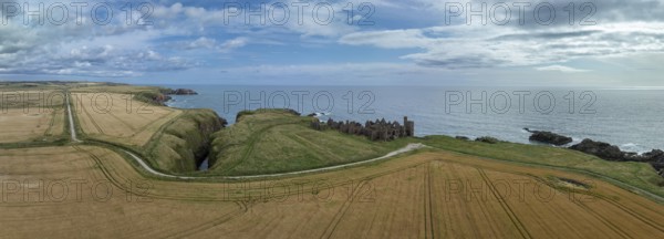 Slains Castle, castle ruins on the cliffs, drone shot, Cruden Bay, Peterhead, Aberdeenshire, Scotland, Great Britain