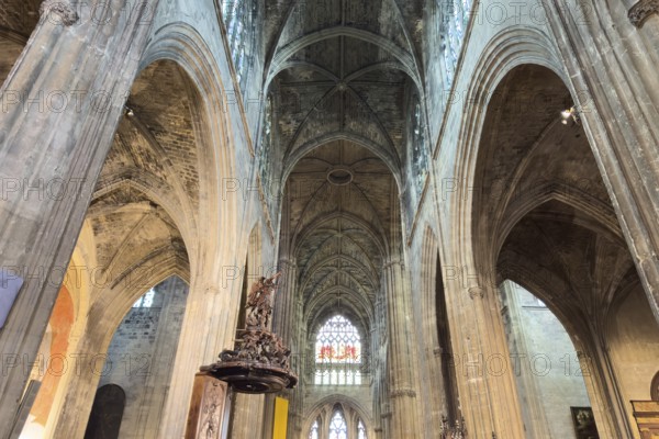Bordeaux, France, April 18, 2023: Interior of Gothic St. Michel Basilica Basilique Saint Michel, XIV, XVI century dedicated to the Archangel Michel in the Bordeaux city center. High quality photo, Europe