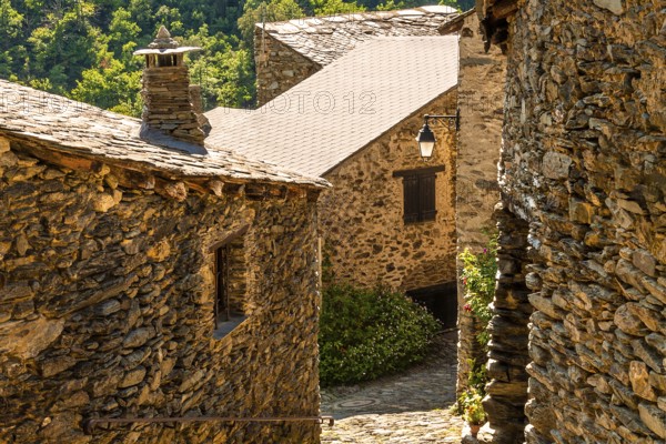 Traditional stone village houses in Evol, French Pyrenees, Pyrenees-Orientales, Occitanie, France, Europe
