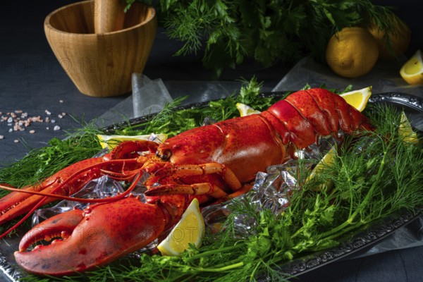 The cooked lobster on ice