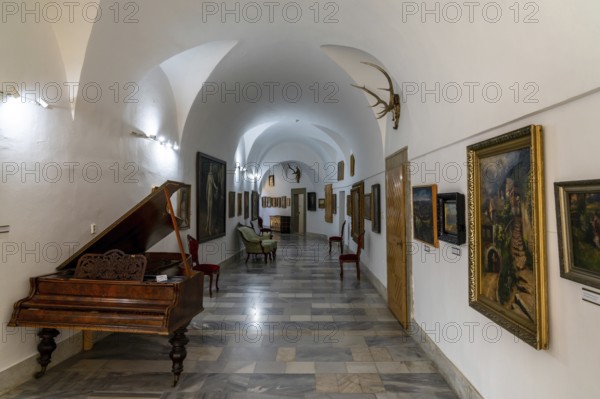 Bojnice, Slovakia, 26 September, 2022: corridor with paintings and musical instruments inside the museum of the Bojnice Castle, Europe