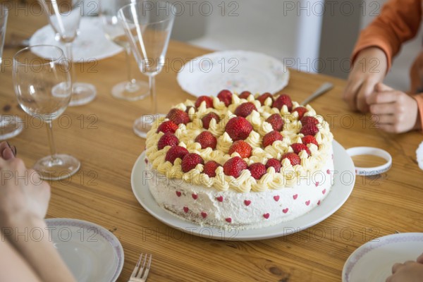 Home made strawberry cake with cream and hearts, Copenhagen, Denmark, Europe