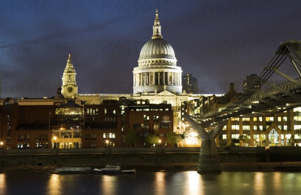 Cityscape of London at Night with St Paul's Cathedral and Millenium Bridge London, England, Great Britain