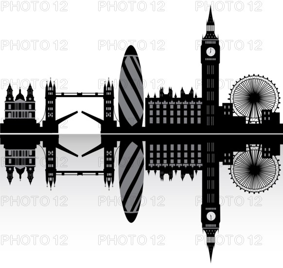 Illustration drawing of the London city skyline England with the wheel and the tower bridge