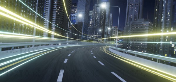 Abstract motion curvy urban road with trail light motion effect applied . Automobile background use concept. 3d rendering