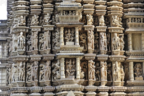 Erotic sculptures, Khajuraho, UNESCO World Heritage Site, Madhya Pradesh, India, Asia, Large collection of reliefs and sculptures on the walls of an impressive temple, Rajasthan, North India, Asia