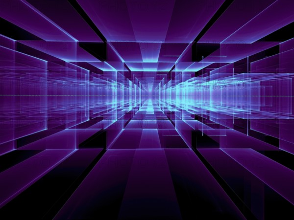 Abstract perspective technology background - computer-generated image. Fractal art: blocks and grid. Purple tech backdrop for hi-tech or science fiction design projects