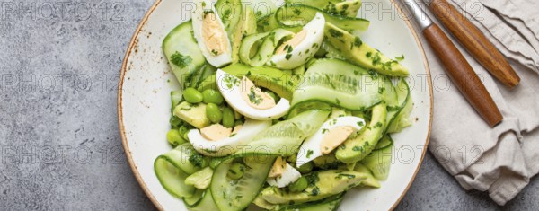 Healthy green avocado salad bowl with boiled eggs, sliced cucumbers, edamame beans, olive oil and herbs on ceramic plate top view on grey stone rustic table background, food photography, food photography