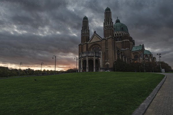 Koekelberg, Brussels Capital Region, Belgium, 10 30 2019 Monumental view over the basilica of the Sacred Heart and the path and law, Europe