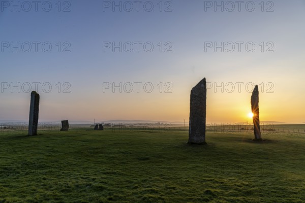 Stones of Stenness Circle and Henge at sunrise, stone circle and henge, Neolithic monument, UNESCO World Heritage Site, Mainland, Orkney Island, Scotland, Great Britain