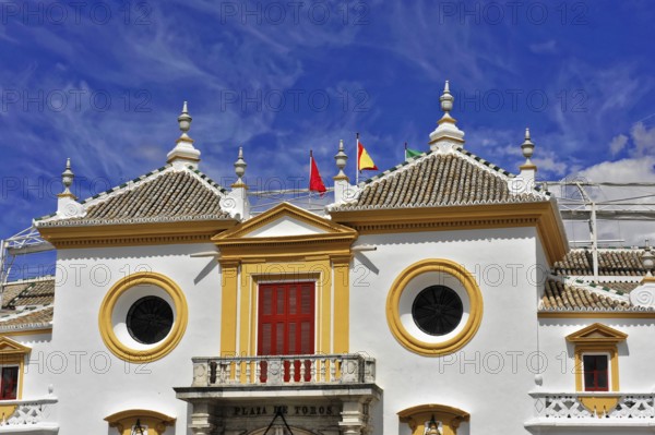 Entrance area, Plaza de Toros de la Maestranza bullring in Seville, Andalusia, Spain, Europe, Detailed view of the Plaza de Toros in Seville with ornate architectural elements, Seville, Europe