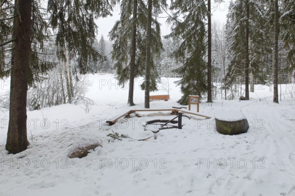 View of Sorsakorpi recreational area campfire site in cloudy winter weather, Kerava, Finland, Europe