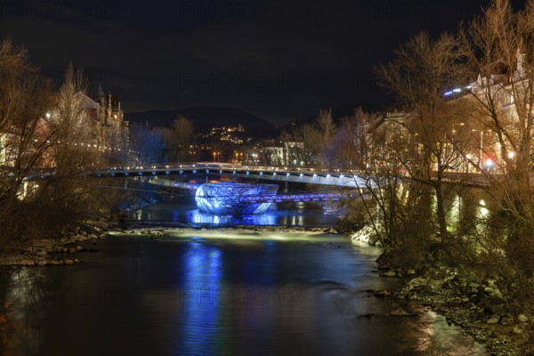 Murinsel, night shot, Graz, Styria, Austria, Europe