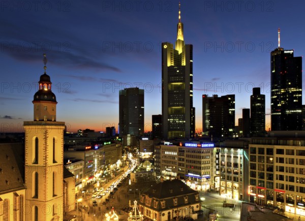 Frankfurt skyline at dusk near Hauptwache, Hesse, Germany Frankfurt, Germany, Europe
