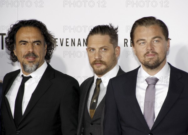 HOLLYWOOD, CA, Alejandro Gonzalez Inarritu, Leonardo DiCaprio and Tom Hardy at the Los Angeles premiere of 'The Revenant' held at the TCL Chinese Theatre in Hollywood, USA on December 16, 2015., Hollywood, California, USA, North America