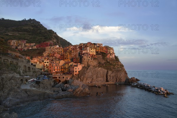 Village of Manarola at sunset, Cinque Terre, Italy, Europe