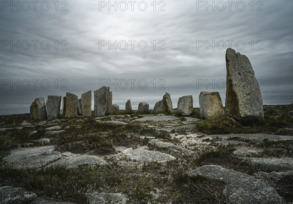 A long exposure view of the historic megalith site of Tobar Dherbhile on the Mullet Peninsula of County Mayo in Ireland