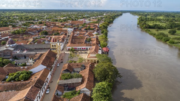 Aerial view of the historic town Santa Cruz de Mompox and river in sunlight, Colombia, World Heritage, South America