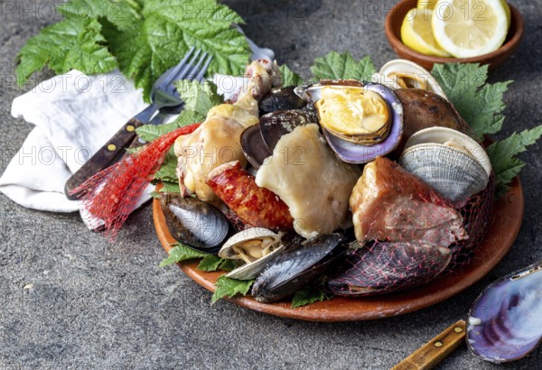 Food, Famous traditional dish of the south of Chile and the Chiloe archipelago, Curanto Kuranto. Different seafood and meat cooked in a pit on the coals under the ground