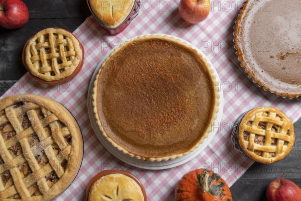 Above view of a table with a pink towel, full of various homemade pies, pumpkin pies, apple pies, raspberry pies. Traditional sweet food baking