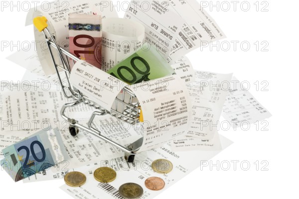 Shopping trolleys, banknotes and receipts, symbolising purchasing power, consumption and inflation Austria