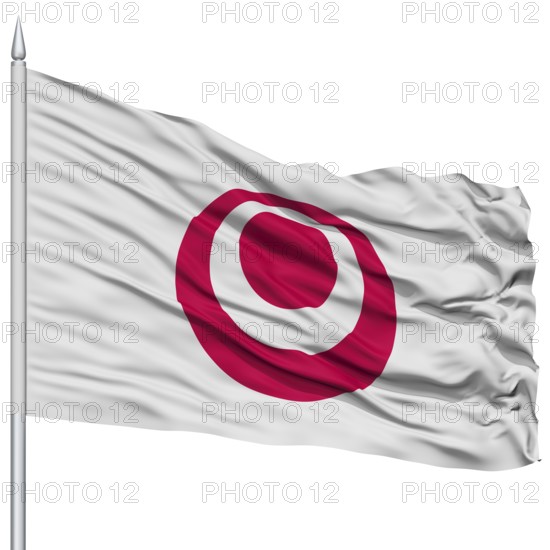 Isolated Okinawa Japan Prefecture Flag on Flagpole, Flying in the Wind, Isolated on White Background