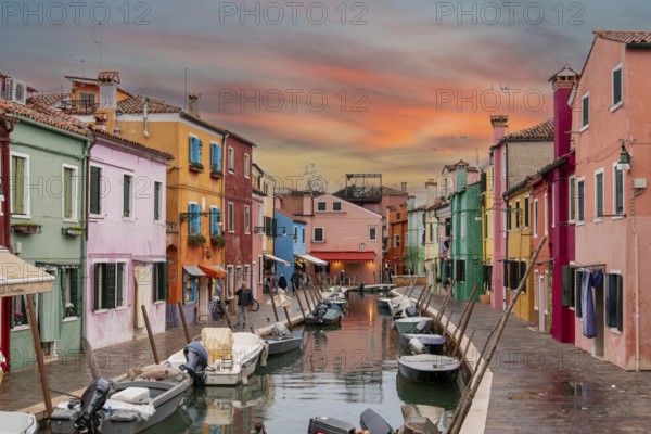 Colorful Houses in Burano beneath a scenic sky, Island of Venice, Italy, Europe