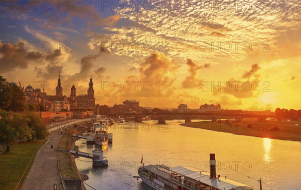 Dresden skyline reflecion in Elbe river at sunset in Saxony of Germany