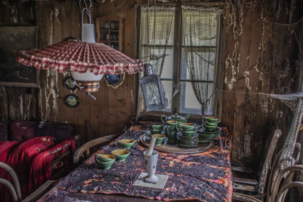 Impressions from the parlour, living room in a lost place, approx. 300 year old farmhouse that has been uninhabited for decades and has since been demolished, Kriens, Lucerne, Switzerland, Europe