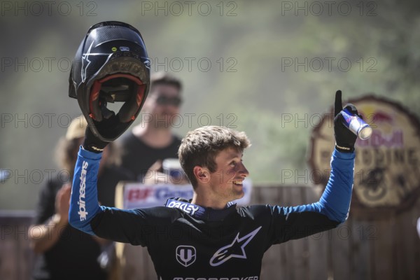 MAYDENA, AUSTRALIA, FEBRUARY 24: Ronan Dunne of Ireland celebrates his win at Red Bull Hardline Tasmania on February 24, 2024 in Maydena, Australia, Oceania