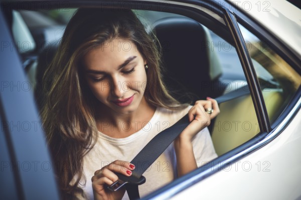 Beautiful woman with phone smiling while sitting on the back seat in the car
