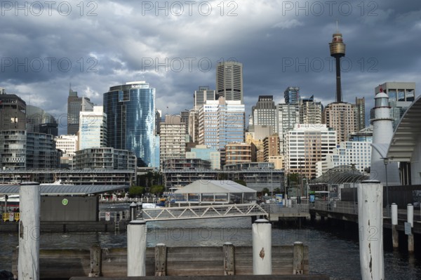 23.09.2019, Sydney, New South Wales, Australia, View from the shore at Darling Harbour to the skyline of the business centre and the Sydney Tower, Oceania