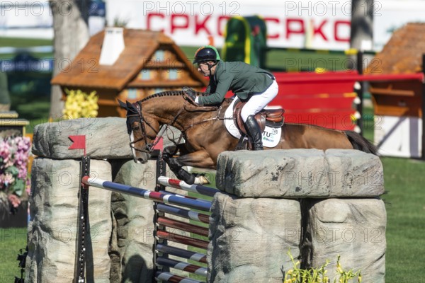Cian O'Connor of Ireland, riding Fancy de Kergane compete in the BMO Nations Cup during the CSIO Spruce Meadows, Masters, in Calgary, Alberta, Canada, North America