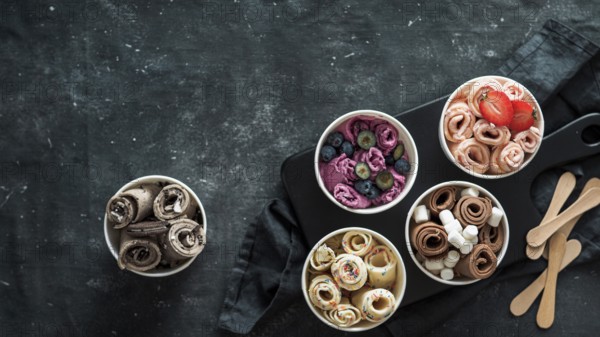 Rolled ice cream in cone cups on dark background. Different iced rolls top view or flat lay. Thai style rolled ice cream with copy space in center for text or design. Banner