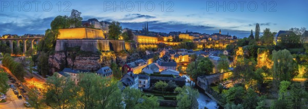 Grand Duchy of Luxembourg, night city skyline at Grund along Alzette river in the historical old town of Luxembourg