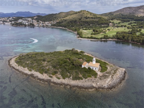Beach and island of Alcanada, Club de Golf Alcanada, Alcudia, Majorca, Balearic Islands, Spain, Europe