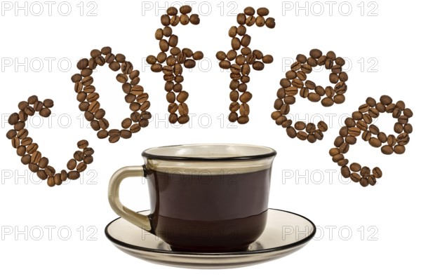 Word of coffee beans with a cup of coffee from a brown glass isolated on white background