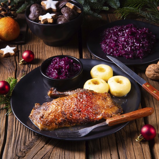 Roast goose with baked apples, red cabbage and dumplings