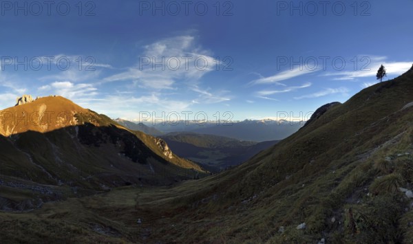 Panorama in the Scharnitztal valley with a view of the Wetterstein massif, Tyrol, Austria, Europe