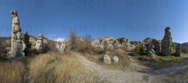 Panorama view of the Stone Dolls rock formations near Kratovo in North Macedonia