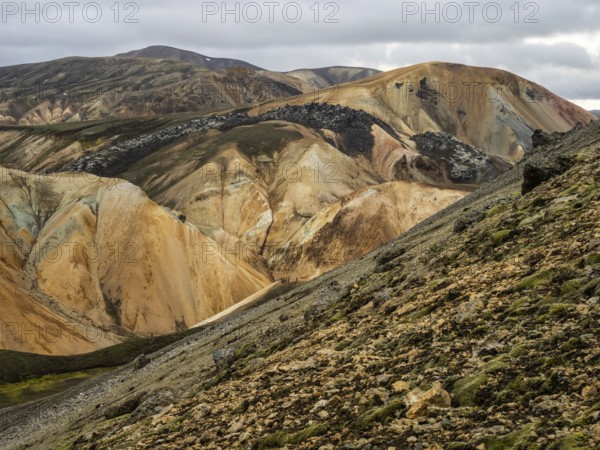 Rhyolite mountains, lava field, Landmannalaugar, Fjallabak nature reserve, highlands, Iceland, Europe