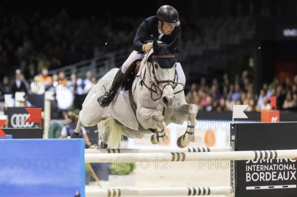 Matthew Sampson of Great Britain competes in the equestrian Audi Grand Prix at Jumping International Bordeaux, in Bordeaux, France, Europe