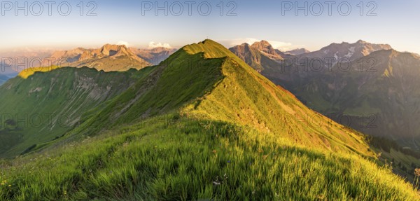 Fantastic sunset tour on the beautiful panoramic mountain Hoferspitze near Schrocken in the Allgau Alps, Kleinwalsertal