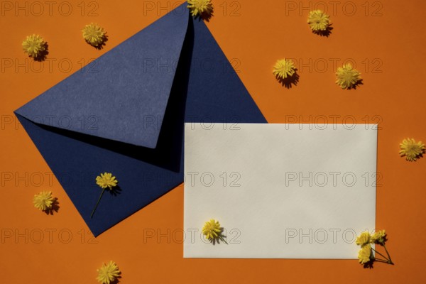 Beautiful little yellow chamomile daisies flowers on postal blue envelope on orange background, empty paper note copy space for text, spring time, greeting card for holiday. Minimalism concept Vivid colors. Creative. Delicate yellow flowers