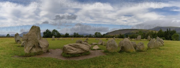 A panorama view of the Castlerigg Stone Circle in the Lake District National Park in Cumbria
