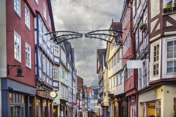 Street with half-timbered houses in Marburg, Germany, Europe