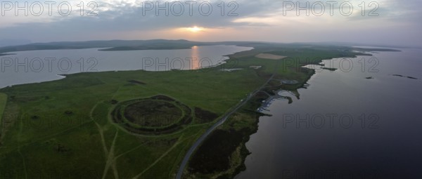 Ring of Brodgar, stone circle and ditch, Neolithic monument, UNESCO World Heritage Site, drone shot from outside the site, Mainland, Orkney Island, Scotland, Great Britain