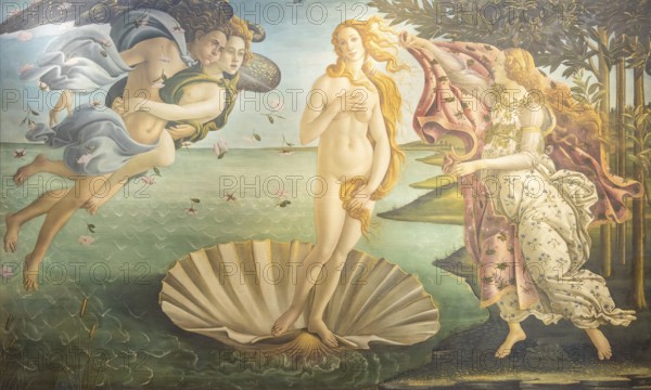 Florence, Italy, circa July 2021. Alessandro Botticelli, The Birth of Venus, 1485. Renaissance art in Uffizi Museum, Europe