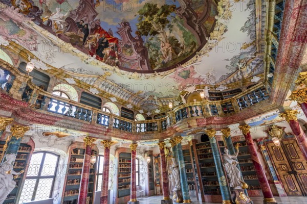 WIBLINGEN, BAVARIA, GERMANY, JUNE 08, 2022 : Rococo and baroque decors of the library in Wiblingen abbey, near Ulm city, by architects Christian and Johann Wiedemann, 18th century